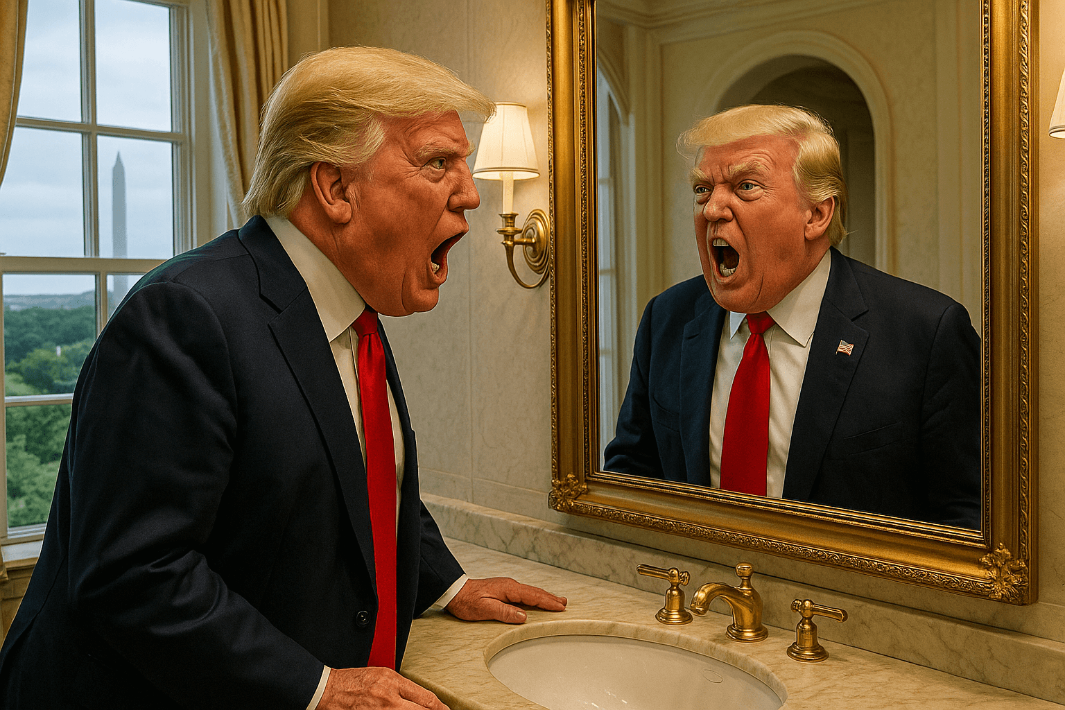 Surrealistic image depicting Donald Trump yelling at himself in the White House in a bathroom while you can see the Washington monument in the distance outside behind him.