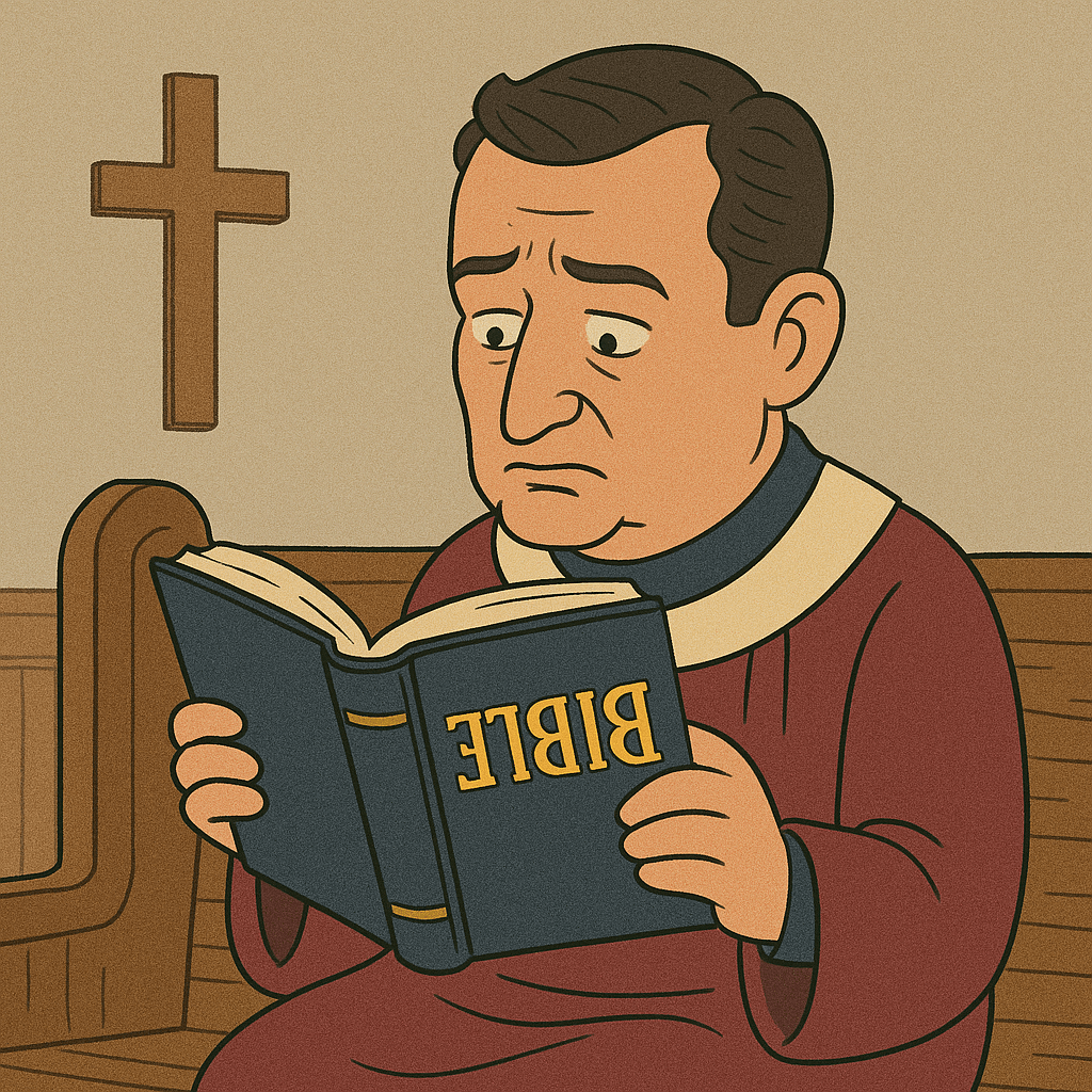 Political cartoon of Ted Cruz in church reading a bible upside down.