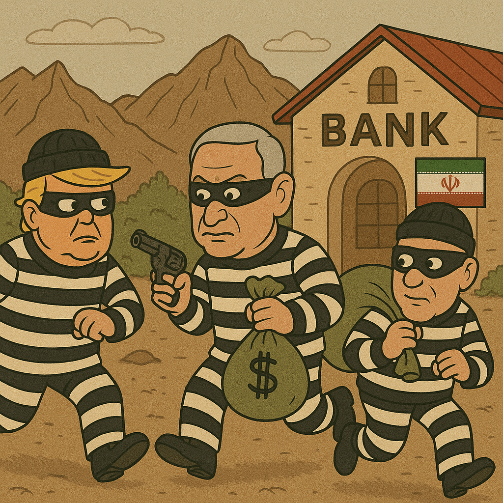 Political cartoon of Donald Trump, Benjamin Netanyahu, and Steve Witkoff robbing banks in Iran.