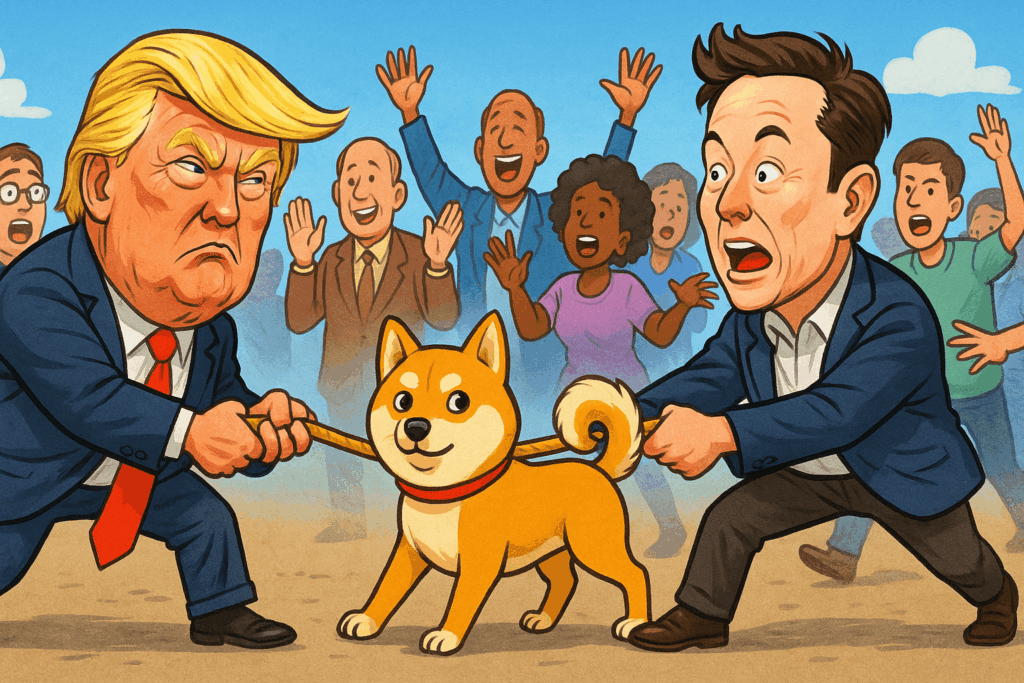Political cartoon of Elon Musk and Donald Trump having a tug of war over DOGE while a crowd of people cheer or try to stop them.