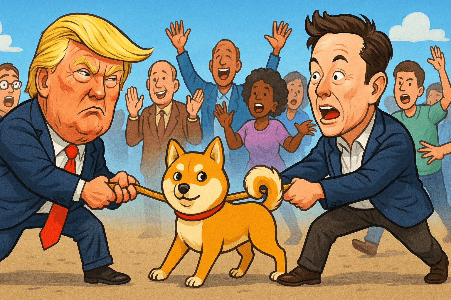 Political cartoon of Elon Musk and Donald Trump having a tug of war over DOGE while a crowd of people cheer or try to stop them.