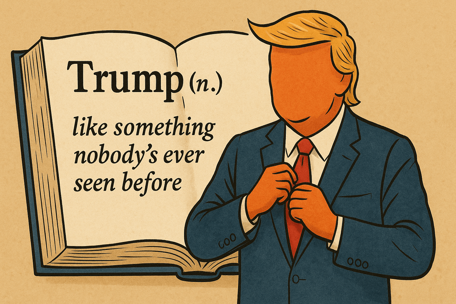 Political cartoon of Donald Trump and the dictionary definition of being like something nobody's ever seen before.
